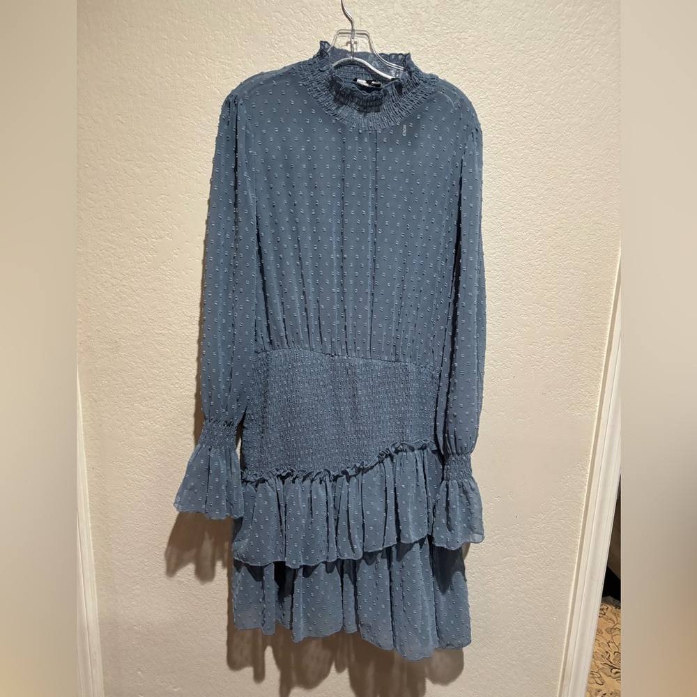 Smocked Ruffle Long Sleeve Mini Dress Blue Size XL | Boho Chic Dress